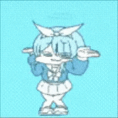 a cartoon girl is squatting down on a blue background and making a funny face .