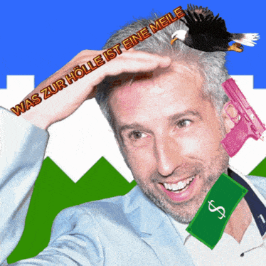 a man with a bird on his head and the words was zur holle ist eine mele above his head
