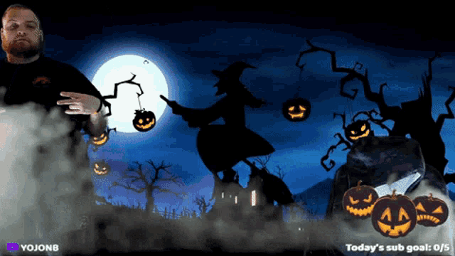 a man stands in front of a halloween scene with pumpkins and trees