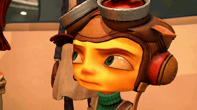a close up of a cartoon character wearing goggles