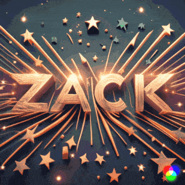 the word zack is surrounded by gold stars and sparkles