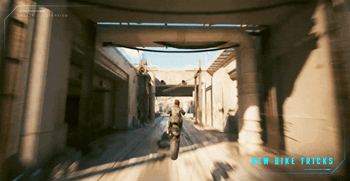 a person riding a motorcycle in a video game with the words new bike tricks