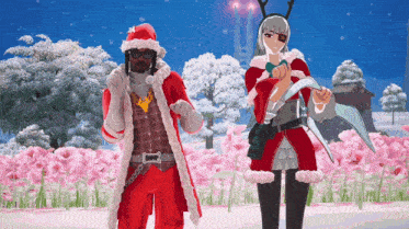 a man dressed as santa claus and a woman dressed as a fairy are standing next to each other