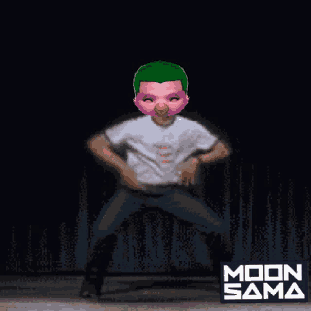 a man wearing a pink mask and a white shirt is dancing in front of a sign that says moon sama