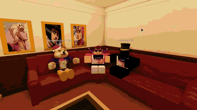 a group of people sitting on a couch in a room with a doge wearing a christmas hat