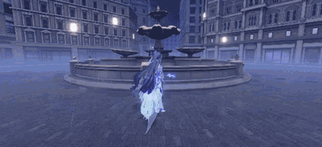 a video game character is standing in front of a fountain with purple waves coming out of it