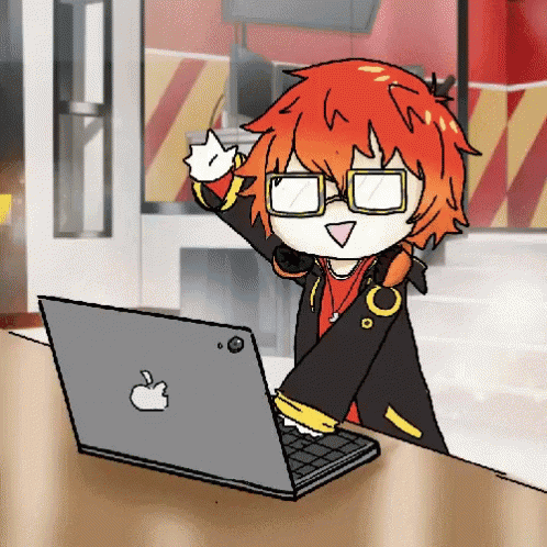 a cartoon character is sitting at a table with an apple laptop