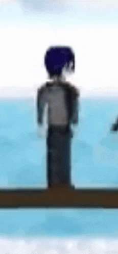 a man with purple hair is standing on a ledge overlooking the ocean .