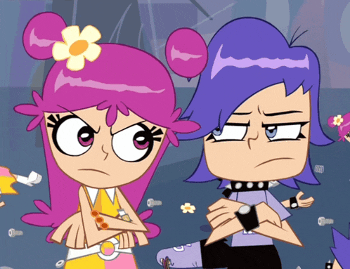 a cartoon girl with pink hair and a yellow flower in her hair