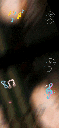a blurry picture of a person 's face with music notes floating around