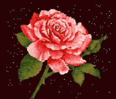 a pixel art of a red rose with green leaves