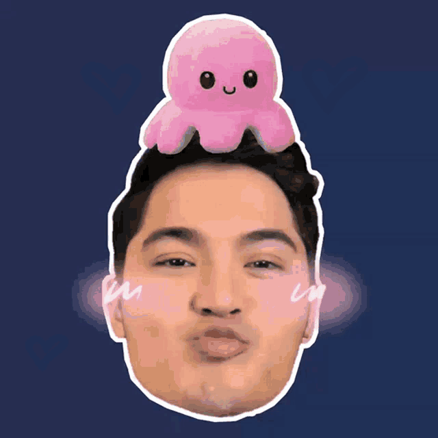 a drawing of a man with a pink octopus on top of his head