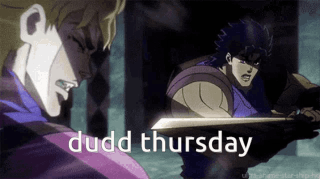 a cartoon of dio and jotaro fighting with the words dudd thursday in the corner