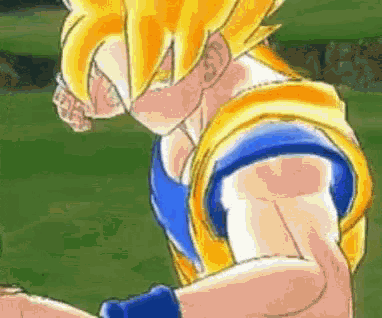 a close up of a cartoon character with yellow hair and blue sleeves .
