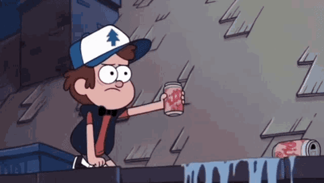 a cartoon character from gravity falls is holding a can of soda .