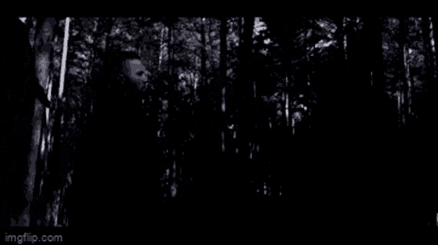 a man in a black suit is standing in the woods .