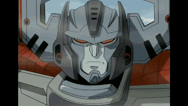 a cartoon drawing of a robot with red eyes and a helmet