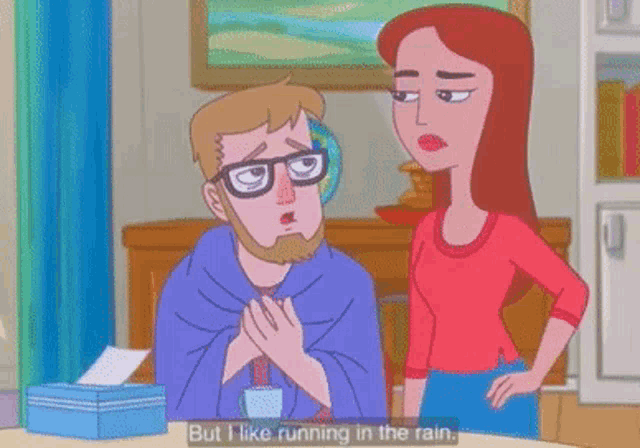 a cartoon of a woman standing next to a man who is covered in a blanket says it makes me feel dramatic