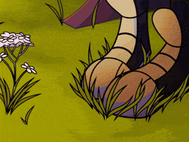 a drawing of a cat 's paws in the grass with flowers in the background
