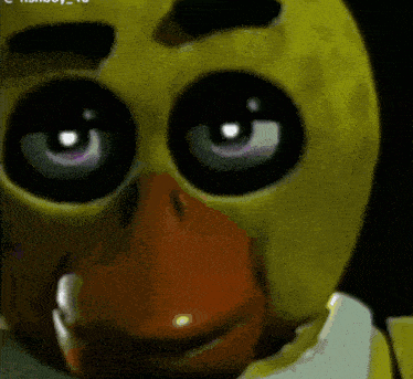 a close up of chica the chicken 's face with big eyes and a big beak