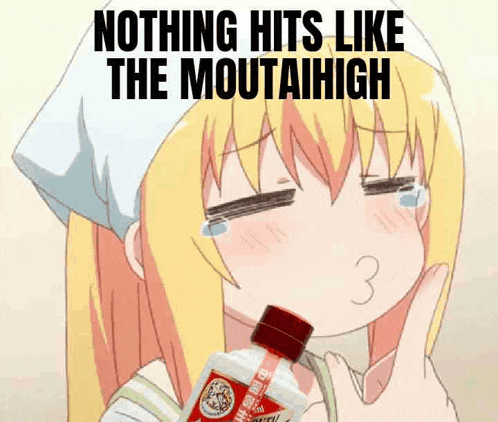a girl is crying while holding a bottle of alcohol with the words nothing hits like the moutaihigh written on it .