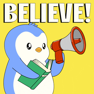 a penguin holding a book and a megaphone with the word believe written above it