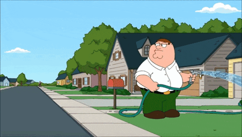 a cartoon of peter griffin holding a hose spraying water