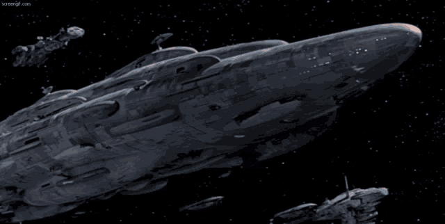 a man in a black cape is flying in front of a large space ship