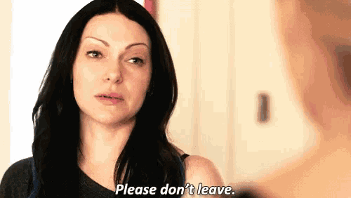 a woman is talking to a man and says `` please don 't leave '' .