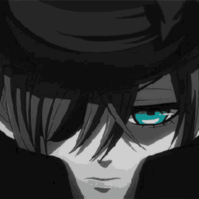 a close up of a person with blue eyes wearing a black hat