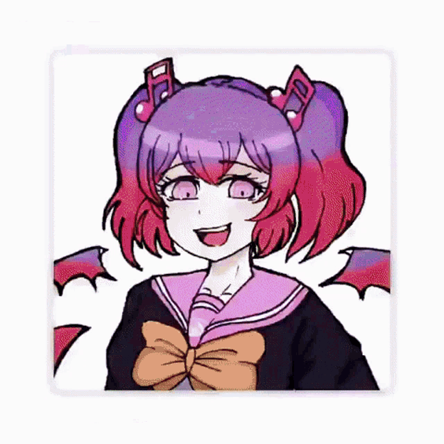 a drawing of a girl with purple hair and horns
