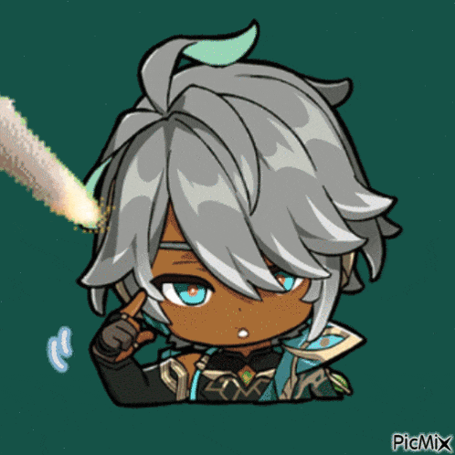 a cartoon drawing of a person with gray hair and blue eyes with picmix in the bottom right corner