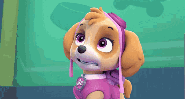 a cartoon dog wearing a pink outfit with a paw patrol tag