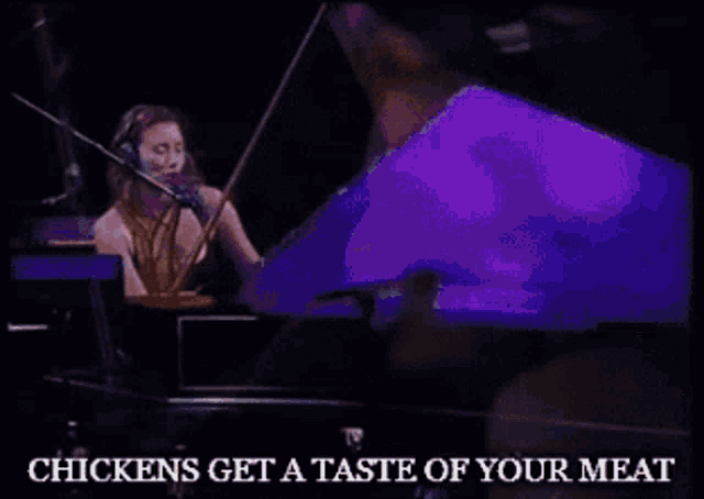 a woman singing into a microphone with chickens get a taste of your meat written below her