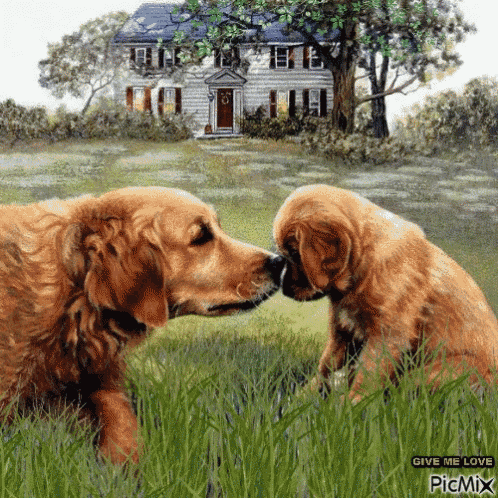 a painting of two dogs kissing in front of a house with the caption give me love