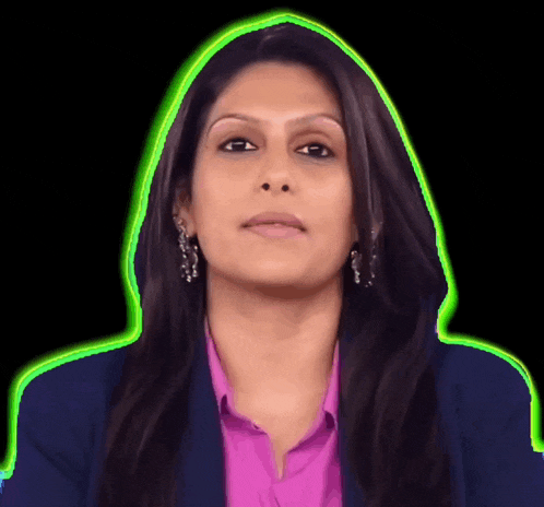 a woman in a blue jacket and a pink shirt has a green outline around her head