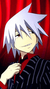 a cartoon character with white hair is wearing a striped suit and red tie .