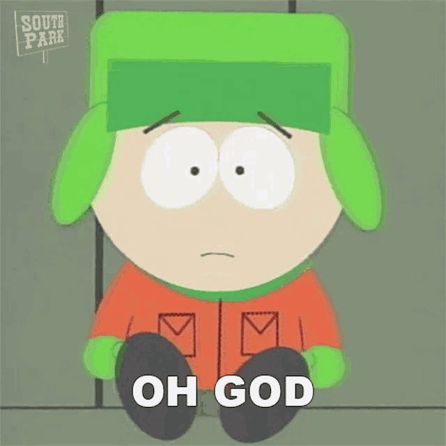 a cartoon character from south park is sitting down with his mouth open and says `` oh god '' .