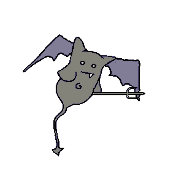 a drawing of a bat with wings and a trident with the letter g on its chest