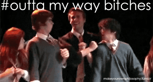 a group of people dancing with the words outta my way bitches behind them