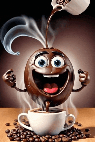 a cartoon coffee bean is pouring coffee into a cup of coffee