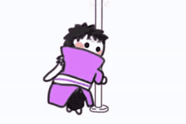 a cartoon of a person in a purple jacket dancing on a pole .