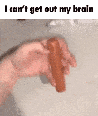 a person is holding a hot dog in their hand and says i can 't get out my brain .