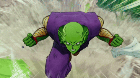 a cartoon character with a green head and purple pants is flying through the air