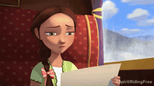 a cartoon girl is holding a piece of paper with the words spirit riding free on the bottom right
