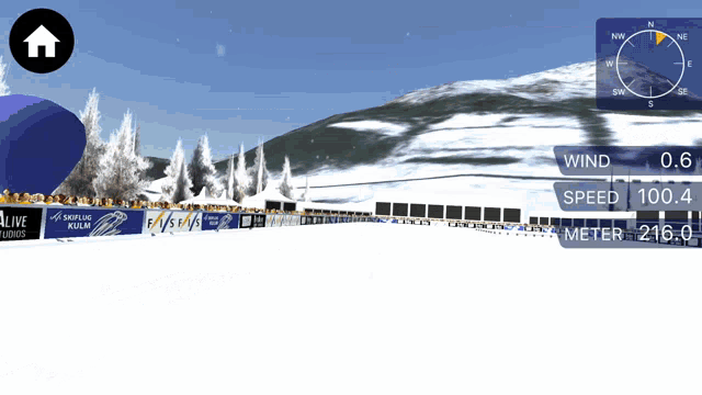 a screenshot of a ski racing game shows a speed of 100.4