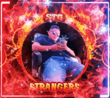 a picture of a man sitting in a chair with strangers written on the bottom of the picture