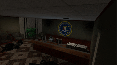 a dark room with a seal that says department of justice on it
