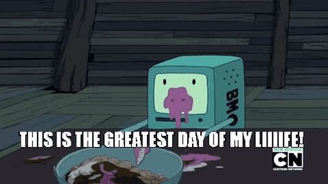 a cartoon character says this is the greatest day of my life while eating cereal