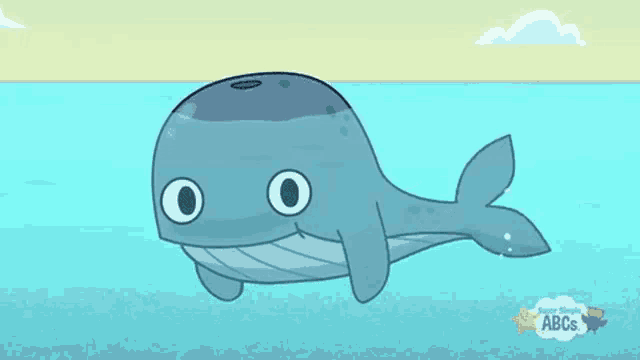 a cartoon whale is swimming in the ocean with abcs written on the bottom